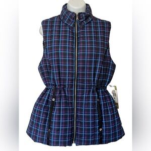NWT Erin London Puffer Vest Medium Plaid Purple Black Zip Front Adjustable Waist